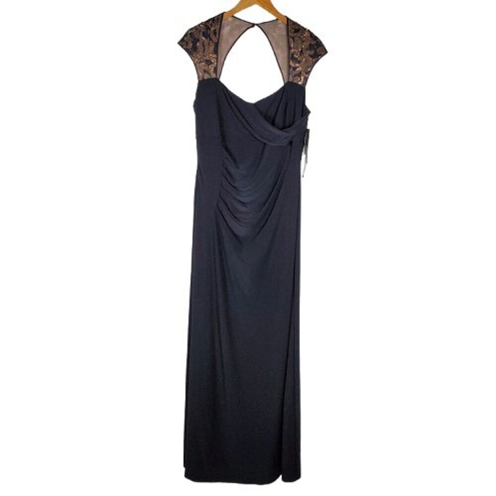 NEW Lauren Ralph Lauren Evening Gown Size 14 Black Sequin Lace Cap Sleeve Formal
